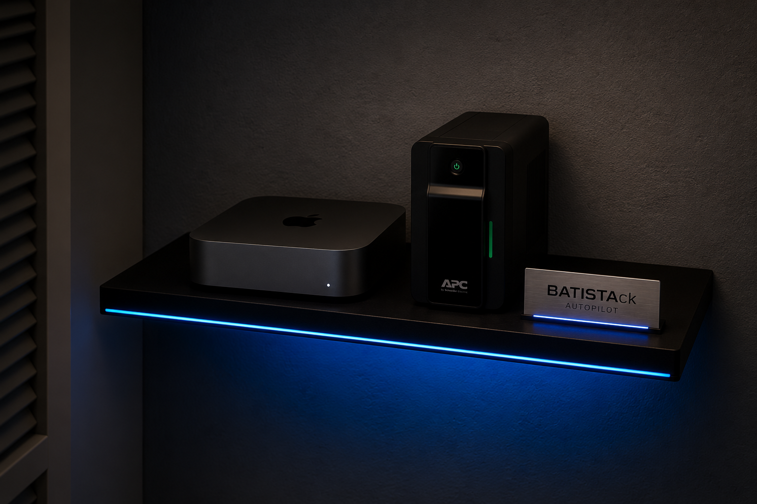 Batistack AI station installed on site — Mac mini on shelf with blue LED